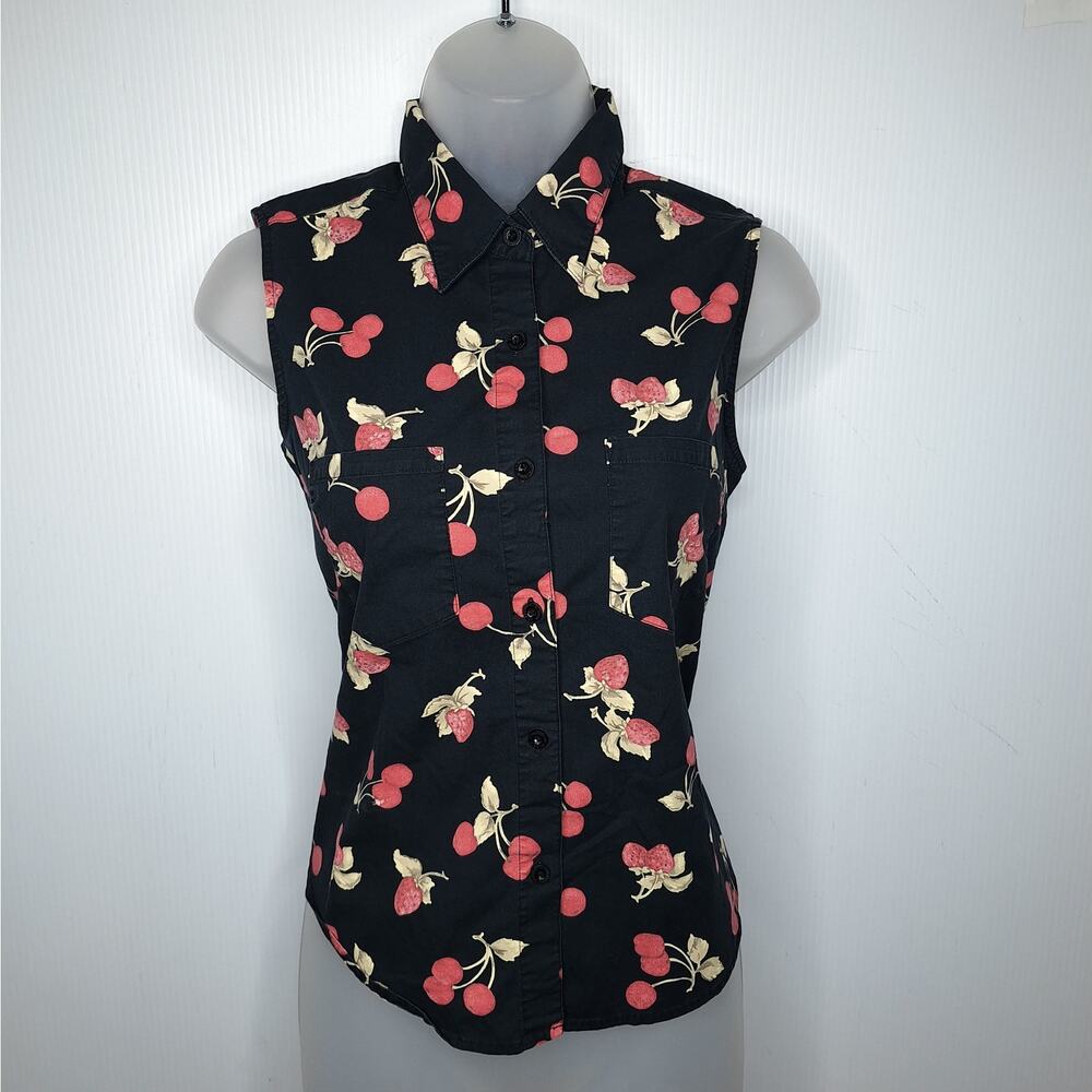 Vintage Y2K Cherry Strawberry Top Sleeveless Collared Fruit S Gloria Vanderbilt